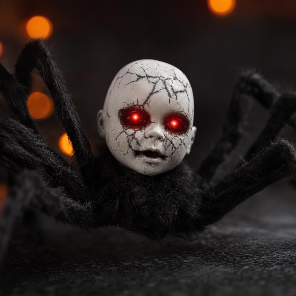 Cracked doll face with glowing red eyes