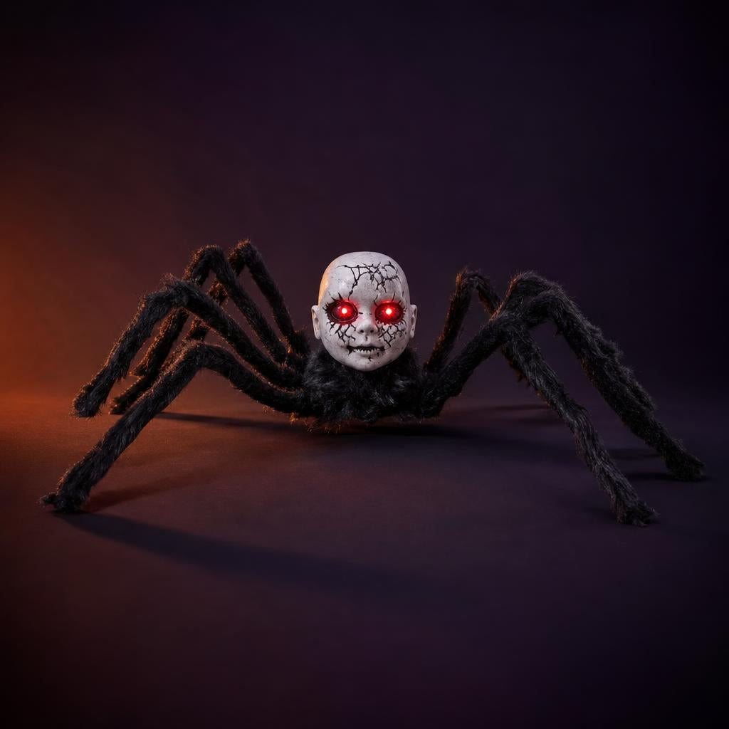 Halloween Doll-Face Spider – Glowing Eyes, Sound & Motion